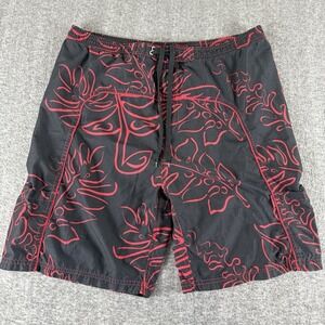 Basix Men Board Shorts Size L Black Red Floral Swim Trunks Surf Beach